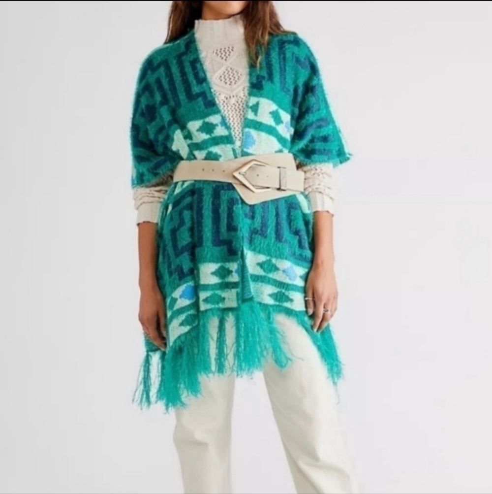 NWT Free People Diamondback Kimono Sweater Soft Knit Green blue OS